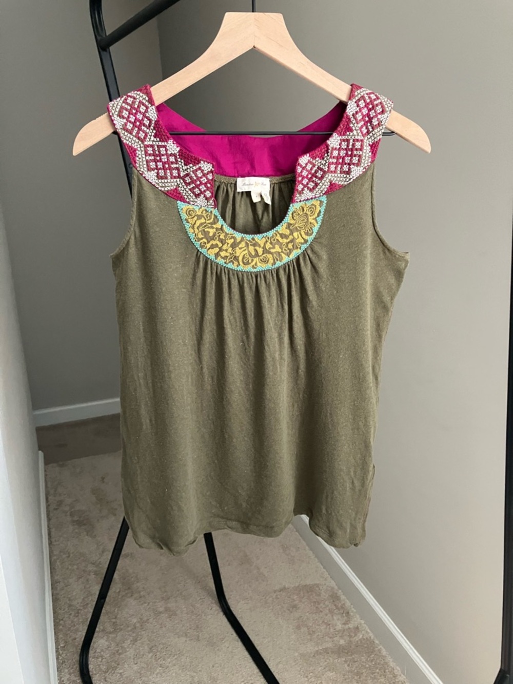 Meadow Rue from Anthropologie Olive Sleeveless Top with Pink Embroidered Collar